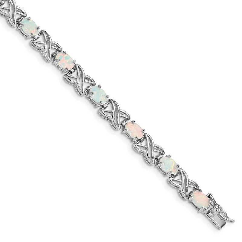 Wedding bracelets for women -Curata 925 Sterling Silver Polished Safety bar Box Catch Closure White Simulated Opal XO Bracelet 7 Inch Box Clasp