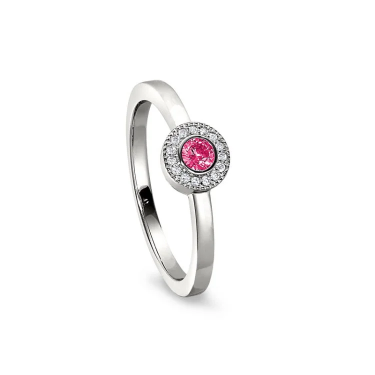 Engagement rings with pear diamonds for women -Platinum Finish Sterling Silver Micropave Round Simulated Pink Sapphire Ring with Simulated Diamonds Size 8