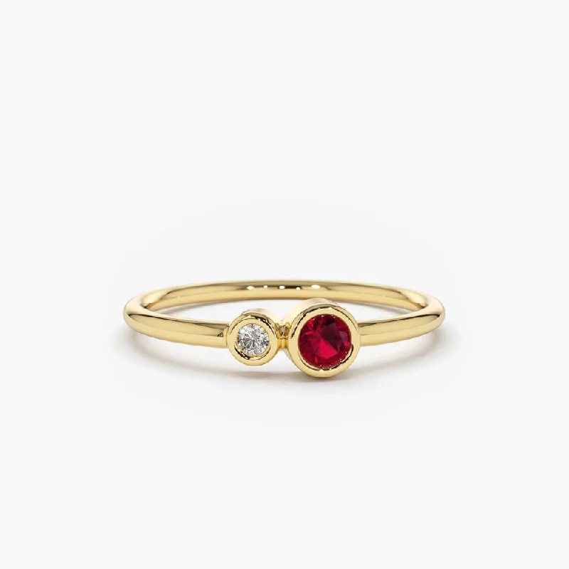 Engagement rings with side stones for women -14K Gold Bezel Setting Ruby and Diamond Ring