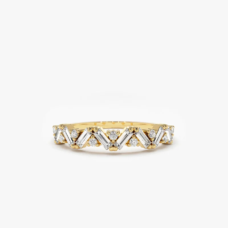 Round engagement rings for women -14K Gold Slanted Baguette and Round Diamond Ring