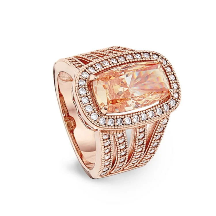 Engagement rings with colored diamonds for women -Rose Gold Finish Sterling Silver Micropave Ring with Light Champagne Colored Stone and Simulated Diamonds