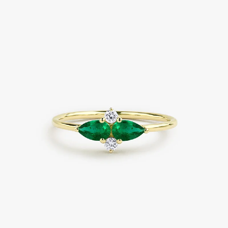 Large engagement rings for women -14K Gold Pear Shape Emerald and Diamond Cluster Ring