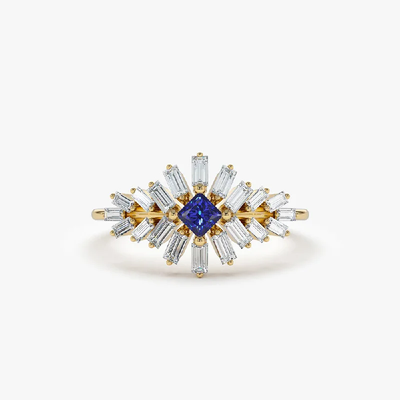 Floral engagement rings for women -14K Baguette Diamond Ring with Square Sapphire