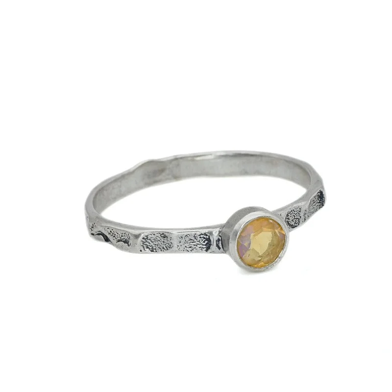 Affordable rings for women -Fire Opal Ring - Yellow Round Ring - Hammered Silver Band