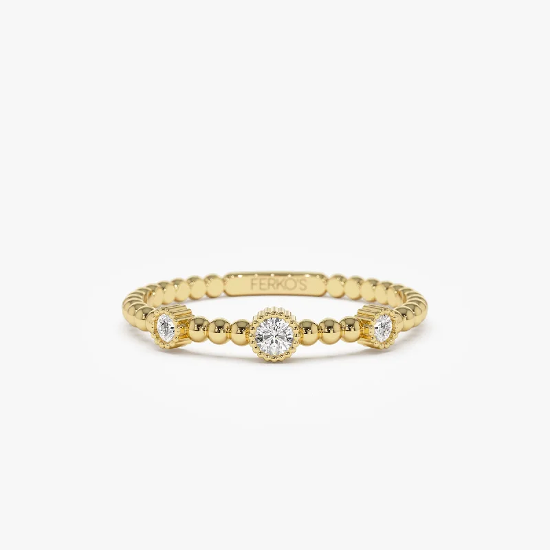 Personalized engagement rings for women -14k Bead Band Ring with Three Bezel Setting Diamonds