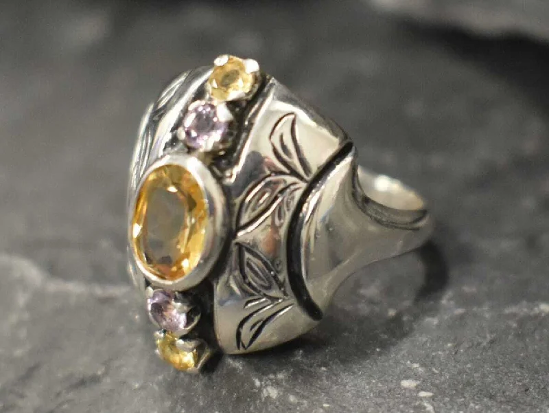 Luxury gemstone rings for women -Tribal Citrine Ring - Genuine Citrine Ring - Yellow Purple Boho Band