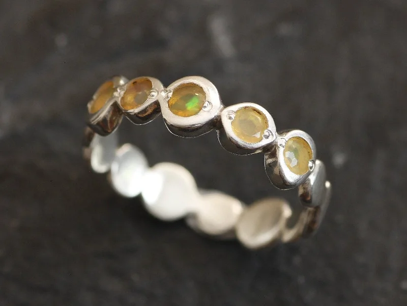 Designer fashion rings for women -Fire Opal Band - Natural Ethiopian Opal, White Bubble Band