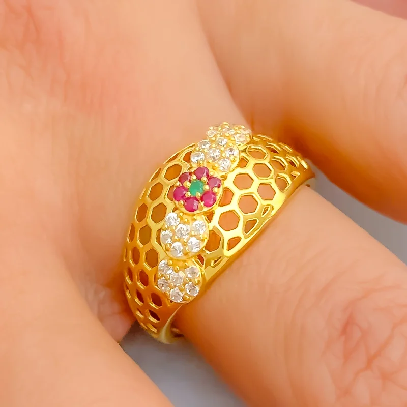 Rose gold rings for women -Magnificent Netted Floral 22k Gold CZ Ring