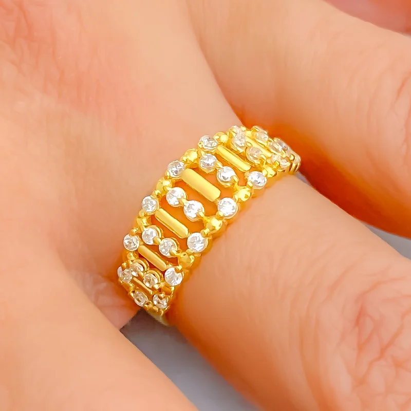 Emerald rings for women -Embellished Unique Striped 22k Gold CZ Ring