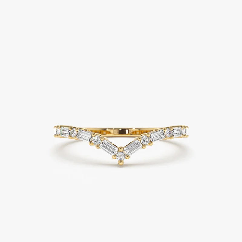 Yellow gold engagement rings for women -14k Baguette and Round Diamond Chevron Ring