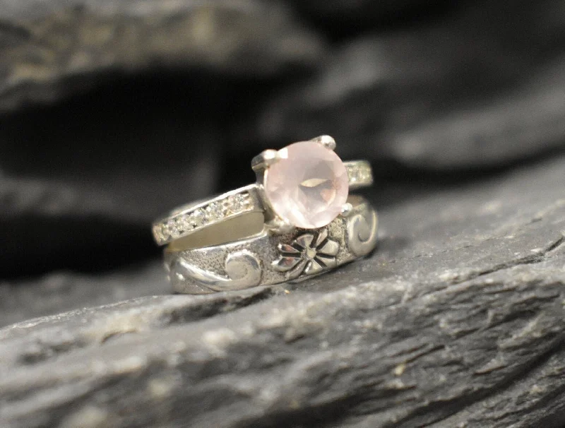 Unique wedding rings for women -Rose Quartz Ring - Wide Pink Ring - Double Silver Band