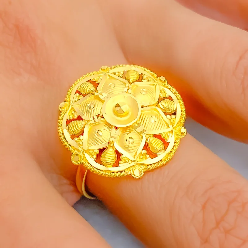 Gold diamond rings for women -Vintage Striped Flower 22K Gold Ring