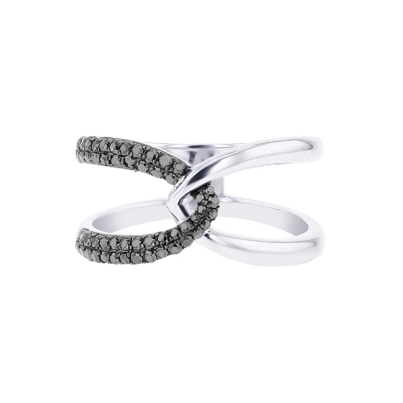 White gold engagement rings for women -Silver Interlacing Black Diamond Ring