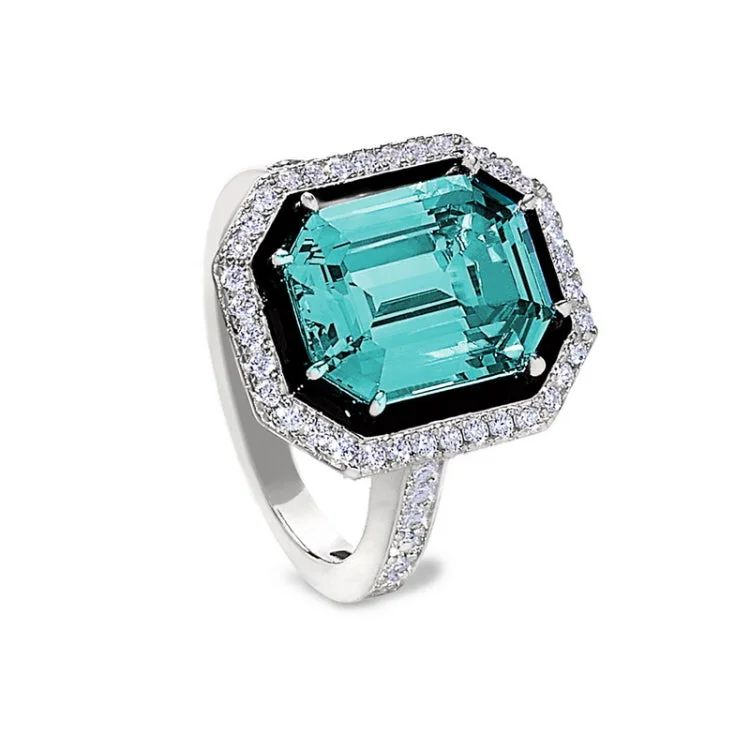 Exclusive engagement rings for women -Platinum finish sterling silver micropave black enamel & aqua spinel octagon ring with simulated diamonds - size 5