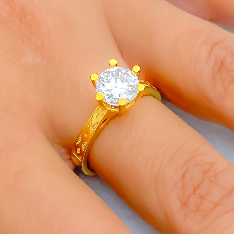 Elegant solitaire rings for women -Graceful Dressy 22k Gold CZ Ring w/ Solitaire