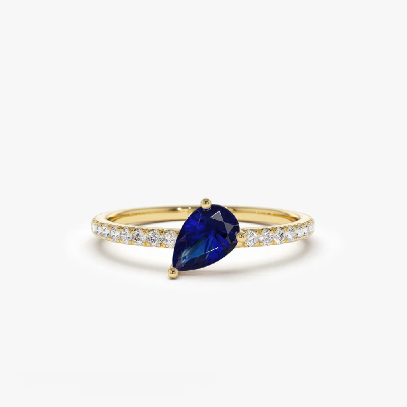 Stackable engagement rings for women -14k Slanted Pear Shape Sapphire Ring with Pave Diamonds