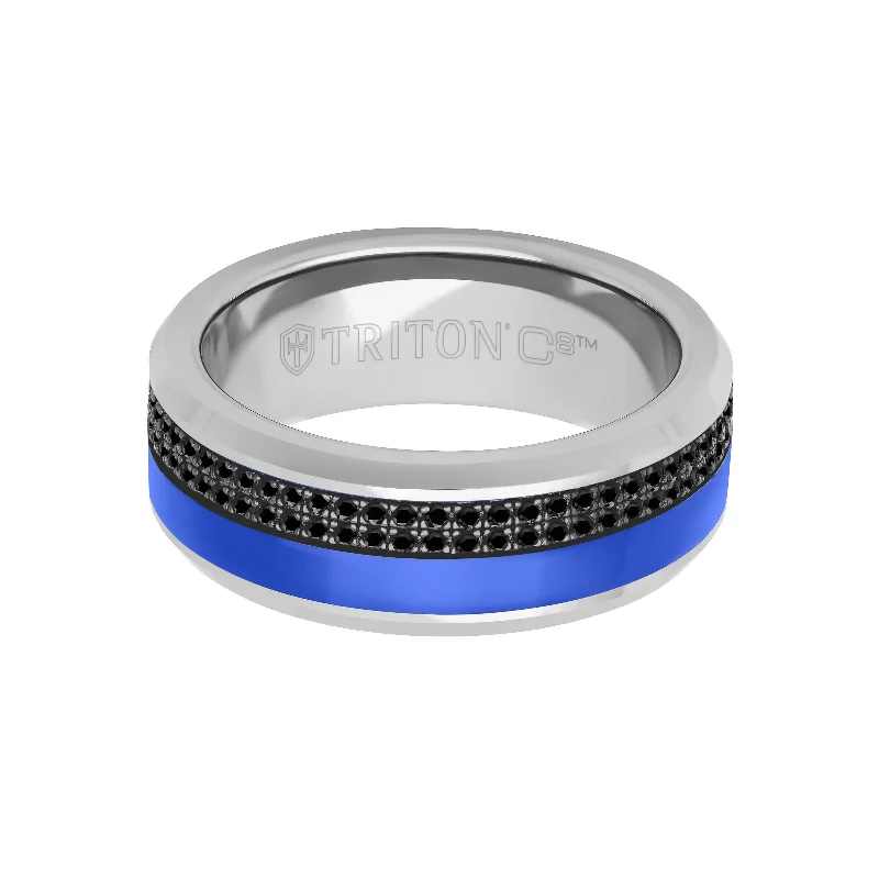 Oval rings for women -8MM Tungsten Carbide Ring - Asymmetrical Ceramic C8 Channel with Double Row Eternity Black Sapphires and Beveled Edge