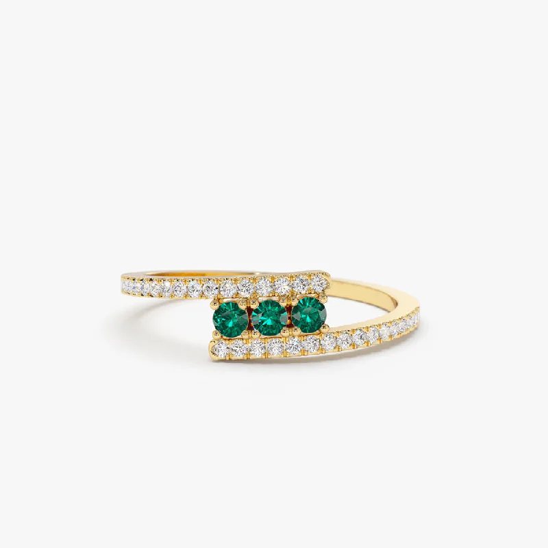 Engagement rings with a twist band for women -14k Cross Over Diamond Ring with Round Emeralds