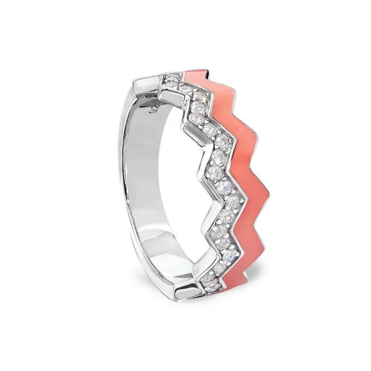 Princess cut solitaire engagement rings for women -Platinum Finish Sterling Silver Micropave Ring with with Coral Enamel and Simulated Diamondss