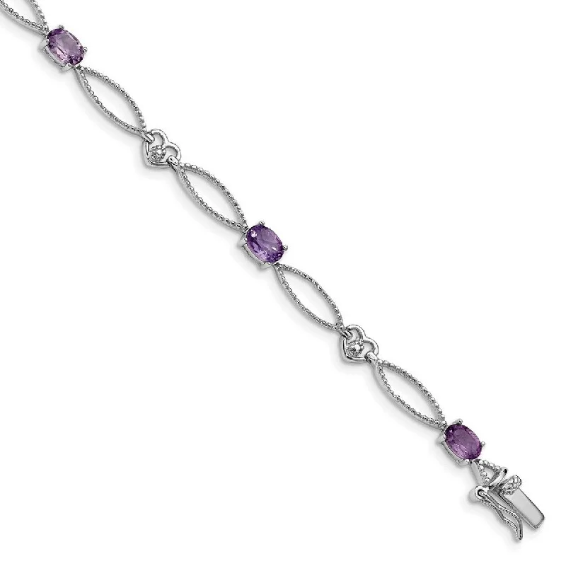 Engraved bracelets for women -Curata 925 Sterling Silver Textured Polished Box Catch Closure Diamond and Amethyst Oval Sparkle Cut Bracelet