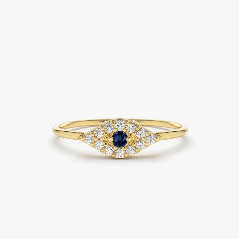 Engagement rings with intricate filigree design for women -14K Gold Diamond and Sapphire Evil Eye Ring