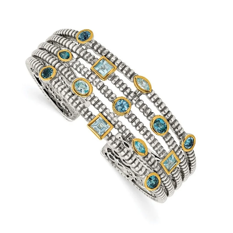 Birthstone bangles for women -Curata 925 Sterling Silver Bezel Polished With 14k Blue Topaz Cuff Stackable Bangle Bracelet