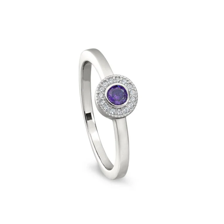 Cushion cut solitaire engagement rings for women -Platinum finish sterling silver micropave round simulated amethyst ring with simulated diamonds size 5