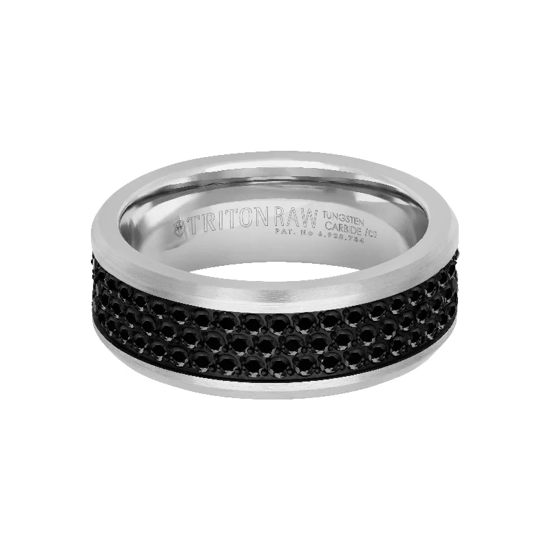 Handmade rings for women -8MM Tungsten Carbide Ring - Triple Row Eternity Black Heat-Treated Sapphires and Beveled Edge