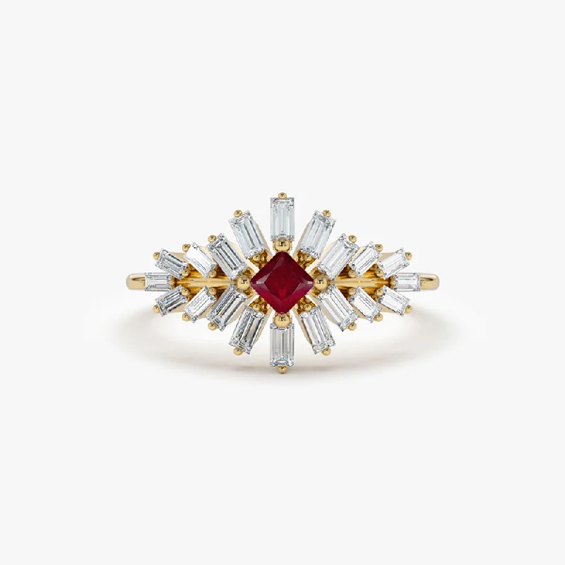 Custom-designed engagement rings for women -14K Baguette Diamond Ring with a Square Ruby