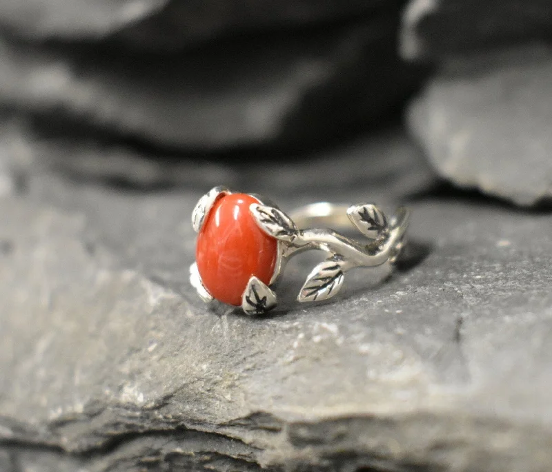 Dainty rings for women -Red Coral Ring - Silver Leaves Ring - Olive Branch Ring