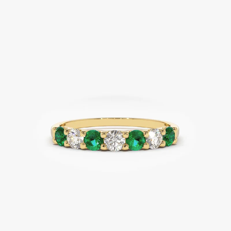 Designer custom engagement rings for women -14K Gold Alternating Emerald and Diamond Wedding Band