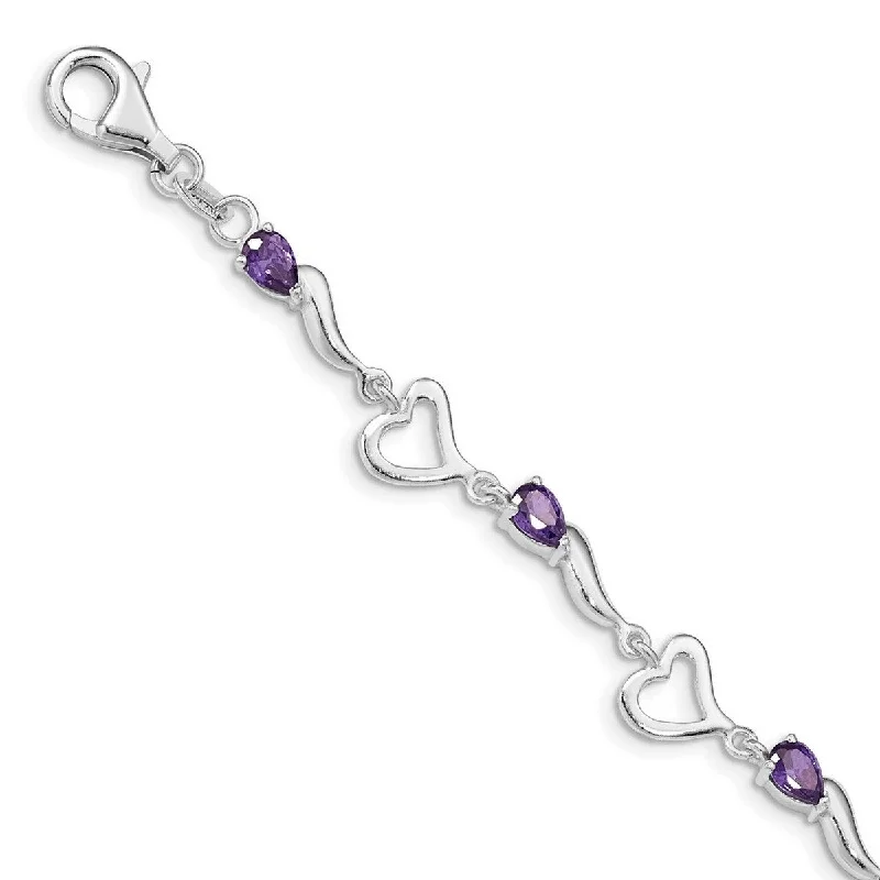 Trendy bangles for women -Curata 925 Sterling Silver Fancy Lobster Closure and Amethyst Polished Fancy Link Love Heart Bracelet