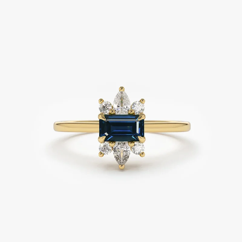 Engagement rings with baguette diamonds for women -14K Octagon Sapphire and Diamond Ring