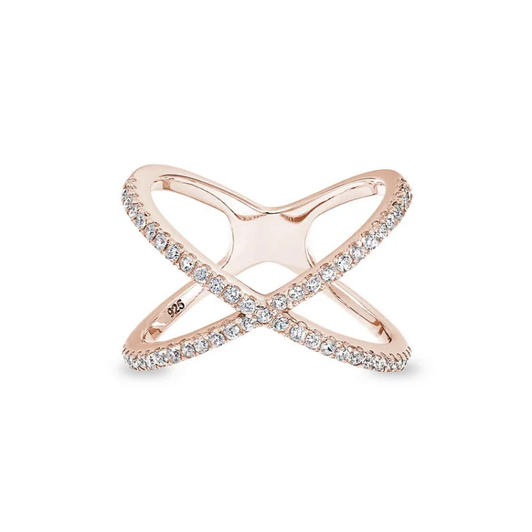 Vintage-inspired halo engagement rings for women -Rose Gold Finish Sterling Silver Micropave Criss-Cross Ring with Simulated Diamonds