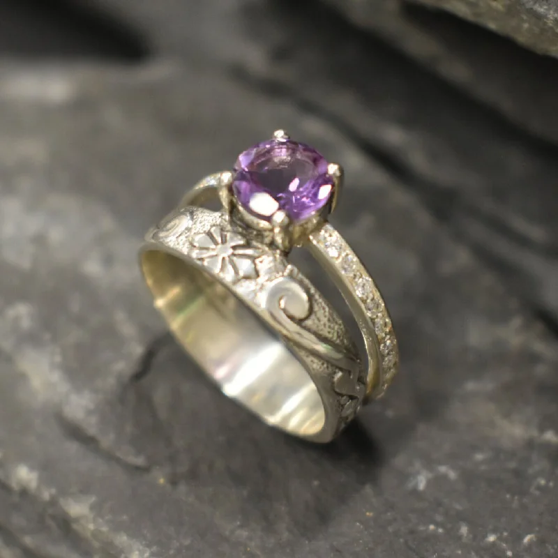 Stackable rings for women -Round Amethyst Ring - Purple Ornament Band - Double Silver Band