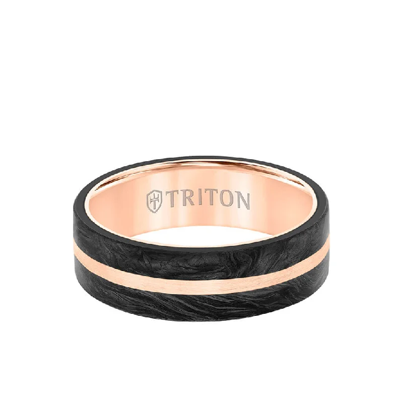 Affordable rings for women -7MM 14K Gold Ring + Forged Carbon - Flat Profile and Center Channel