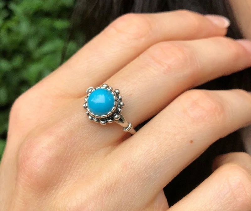 Diamond and gold rings for women -Turquoise Ring - Blue Flower Ring - Round Vintage Ring