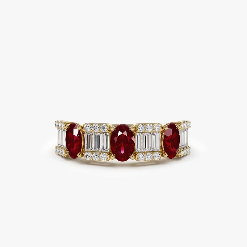 Yellow gold engagement rings for women -14K Baguette & Round Diamond with Genuine Ruby Ring