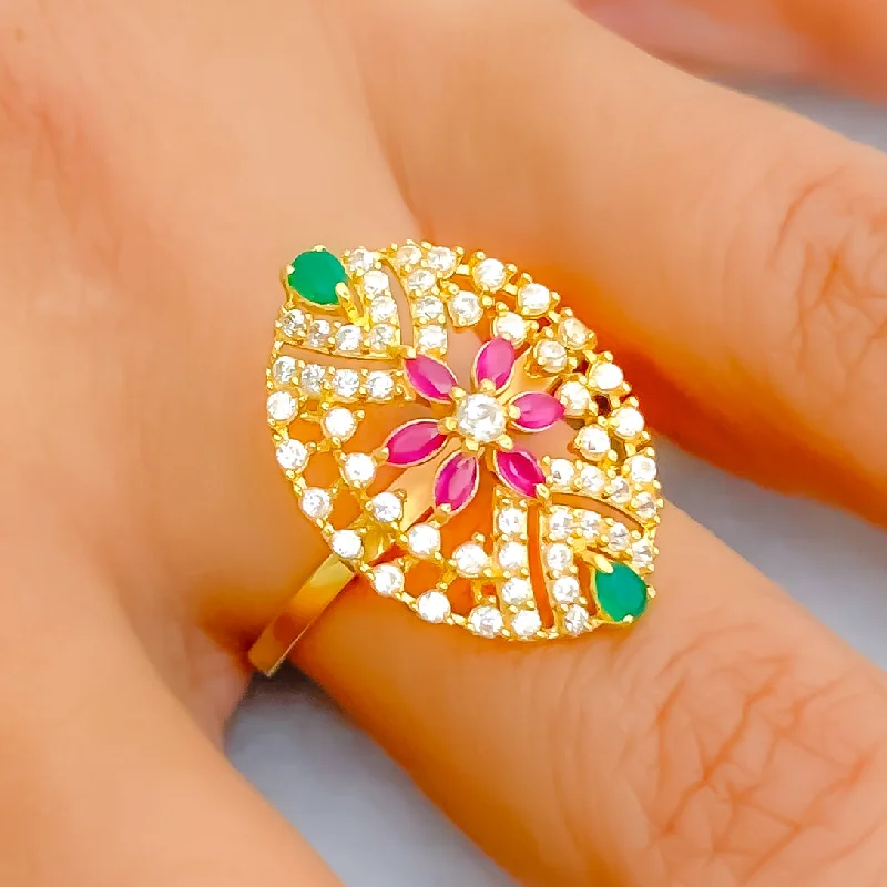 Silver rings for women -Multi-Color Flower 22k Gold CZ Statement Ring