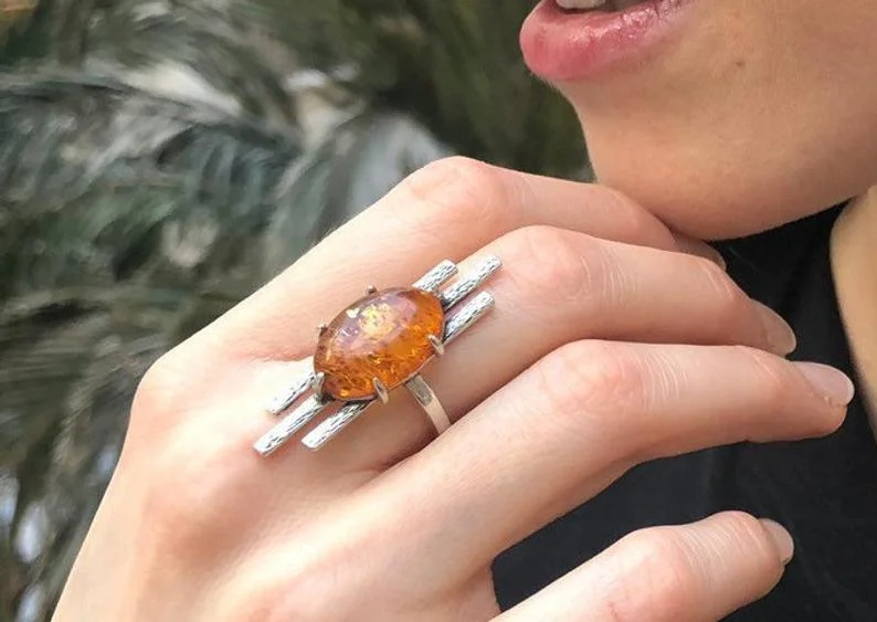 Antique rings for women -Statement Amber Silver Ring, Natural Amber Ring, Long Amber Ring