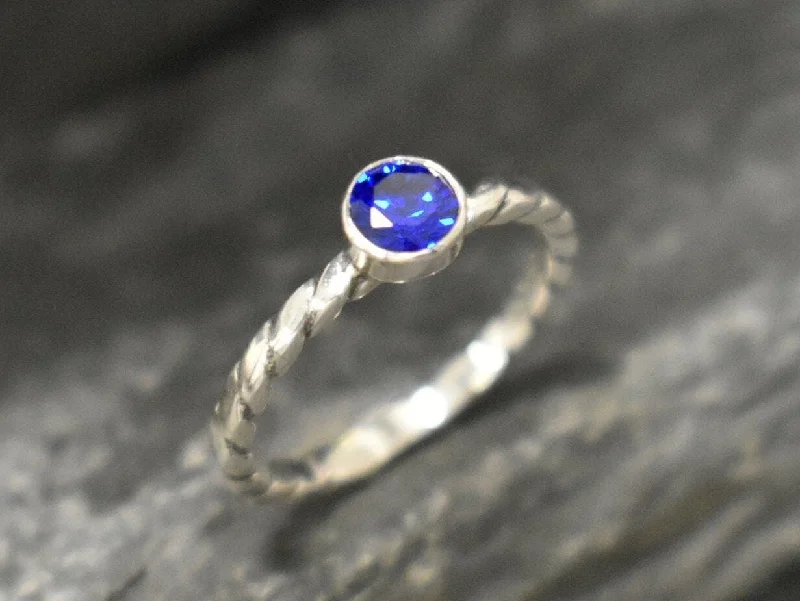 Affordable gold rings for women -Sapphire Ring - Round Blue Ring - Twisted Silver Band