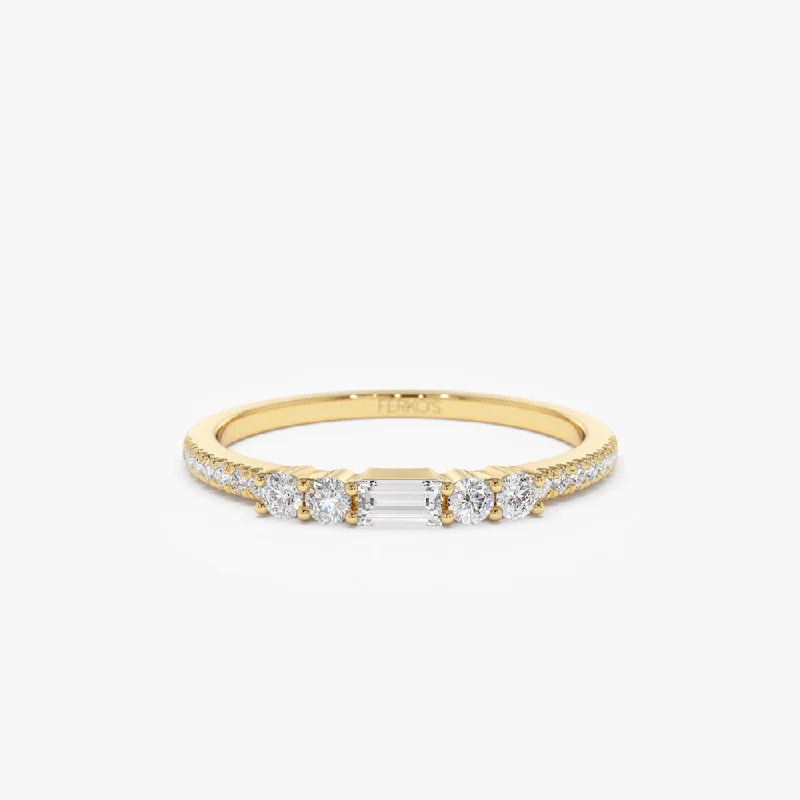 Engagement rings with colored diamonds for women -14k Baguette and Round Diamond Dainty Stackable Ring