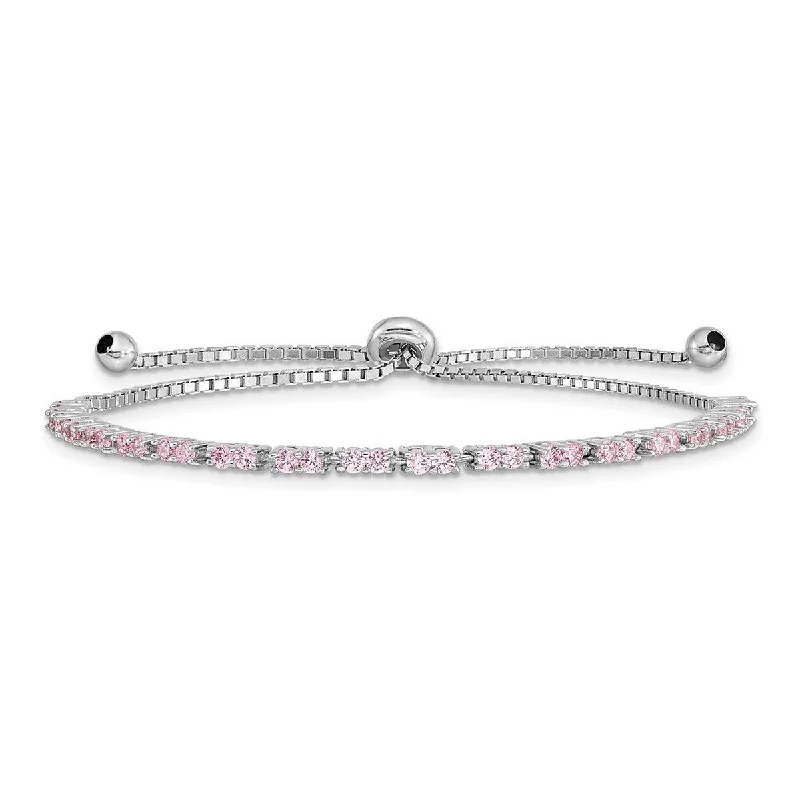 Birthstone bracelets for women -Curata 925 Sterling Silver Rhodium Plated October Pink CZ Cubic Zirconia Simulated Diamond Adj Bracelet