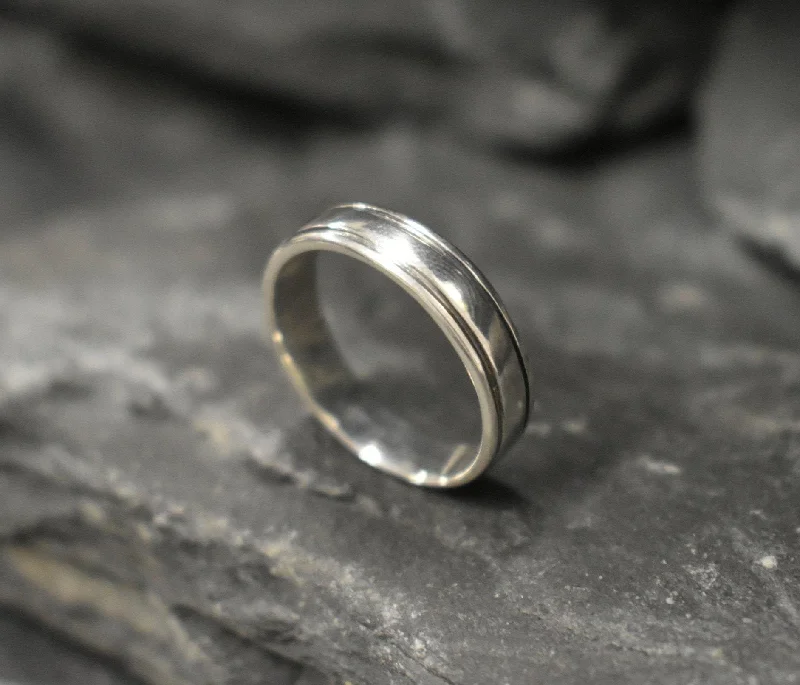 Three-stone engagement rings for women -Minimalist Silver Band - Silver Linear Ring - Silver Wedding Band