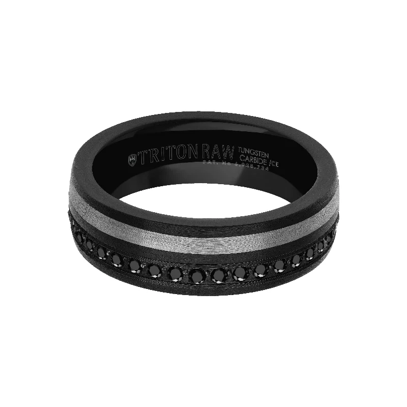 Pearl rings for women -7MM Tungsten Carbide Ring - Eternity Black Heat-Treated Sapphires and Asymmetrical Channel with Rounded Edge