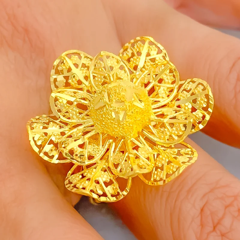 Minimalist rings for women -Shimmering Textured 22k Gold Flower Ring