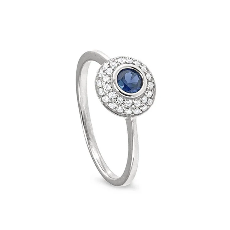 Halo diamond engagement rings for women -Platinum finish sterling silver micropave ring with synthetic blue sapphire and simulated diamonds