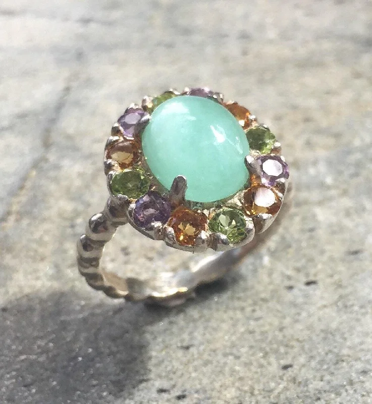 Double rings for women -Emerald Flower Ring - Green Cocktail Ring - Multistone Vintage Ring