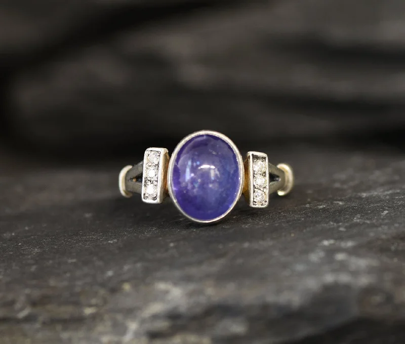 Geometric rings for women -Genuine Tanzanite Ring - Blue Promise Ring - Vintage Oval Ring