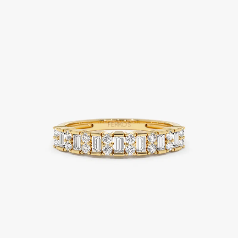 Princess cut engagement rings with side diamonds for women -14k Vertical Baguette and Round Diamond Wedding Band